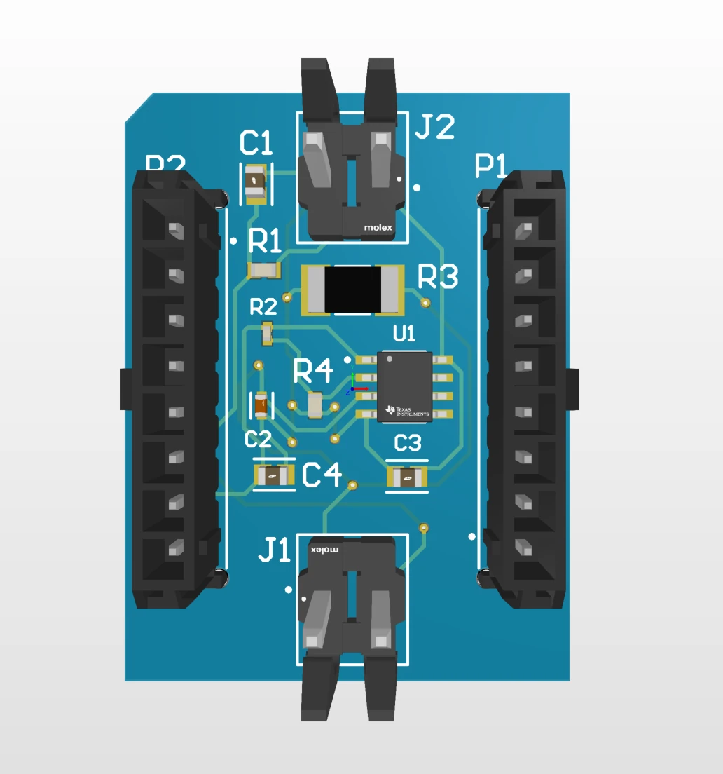 3D render of the battery monitor PCB with a Texas Instruments sensing IC between two connectors