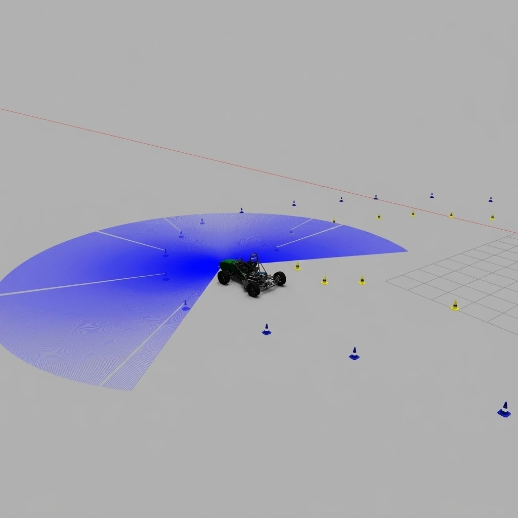 Simulated race car on a cone-marked track, sweeping its LiDAR scan across the cones ahead