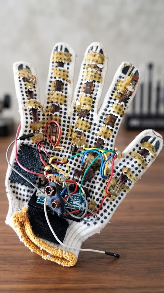 Prototype glove with flex sensors and wiring along each finger