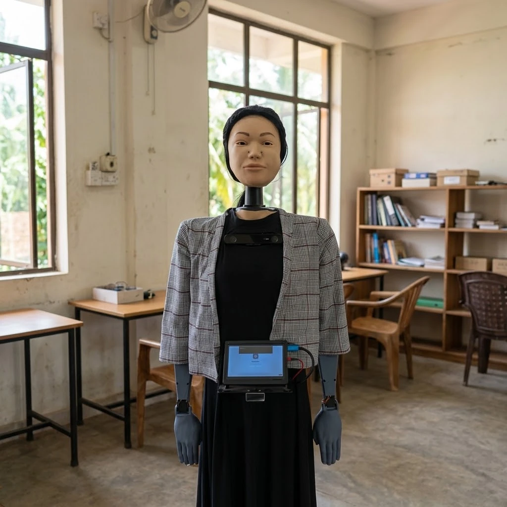 Semi-humanoid receptionist robot with a chest-mounted touchscreen, standing in a lab